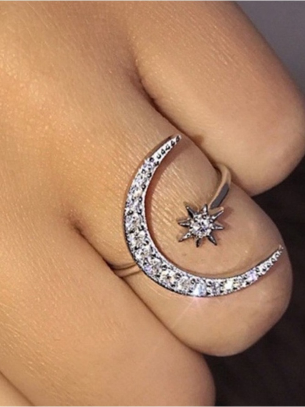 Silver Moon & Star CZ Ring - Dainty Silver Crescent Ring
